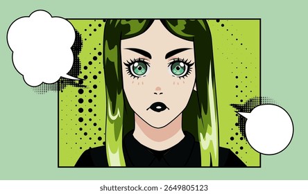 Pop art vecto of a green-haired girl with big turquoise eyes, halftone dots, bold outlines, comic speech bubbles, and a black shirt over a lime-green background.
