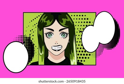 Pop art vecto of a green-haired girl with big turquoise eyes, halftone dots, bold outlines, comic speech bubbles, and a black shirt over a lime-green background.
