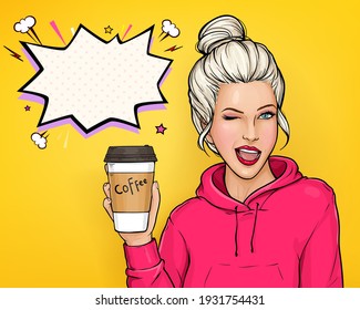 Pop art vector ad banner with winking young blonde hair woman in pink hoody holding paper coffee cup with plastic lid illustration on yellow background. Take away drink concept. Coffee shop poster.