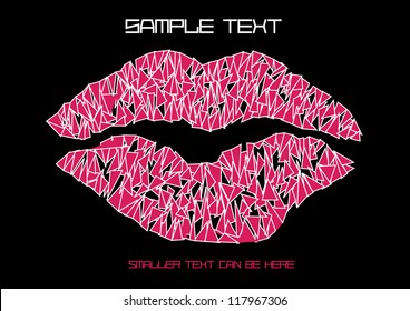 pop art vector backdrop design with pink lips made of triangles and place for text isolated on black background