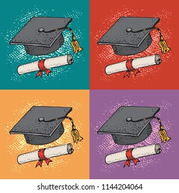 Pop art vector background with Graduate cartoon black hat with diploma, graduation caps, square academic cap, university students, education concept.