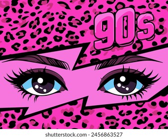 Pop art vector collage of anime style eyes with 90's neon retro makeup and leopard print on the background. Fashionable manga-inspired design.