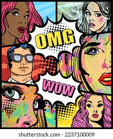 Pop art vector colourful comics with different people's faces and text omg, wow. Hand-drawn vector art illustration.