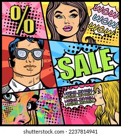 Pop art vector colourful comics with different people's faces and text Sale. Hand-drawn vector art illustration.