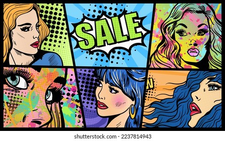 Pop art vector colourful comics with different people's faces and text Sale. Hand-drawn vector art illustration.