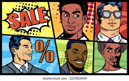 Vector de arte pop cómic colorido con diferentes caras de la gente y texto Venta. Ilustración de arte vector dibujada a mano.
