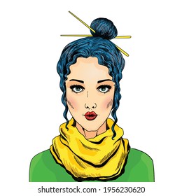 Pop art vector girl. Surprised woman, beautiful face with red lips. Vintage advertising poster