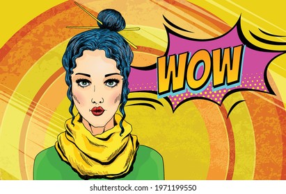 Pop art vector girl. Surprised woman, beautiful face with red lips and dotted background. Comic speech bubble wow