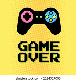 Pop art vector graphic illustration of the controller. Gamepad colourful illustration with the sign "Game over".