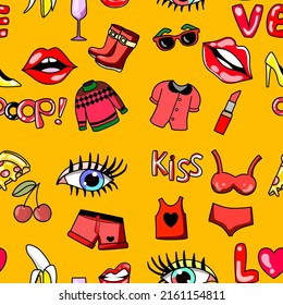 Pop art Vector traza a mano un patrón sin fisuras con el fondo de los parches de moda