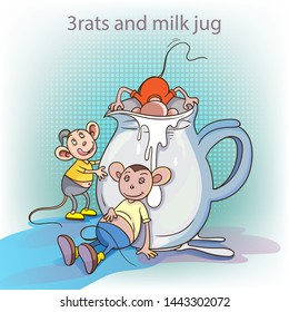 Pop art vector illustration , 3 rats and milk jug.