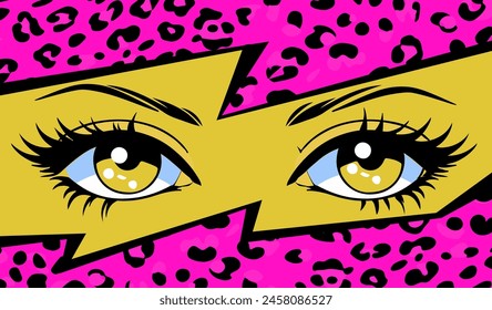 Pop art vector illustration of anime style eyes and leopard print collage on the background. Japanese cartoon manga trendy design. 