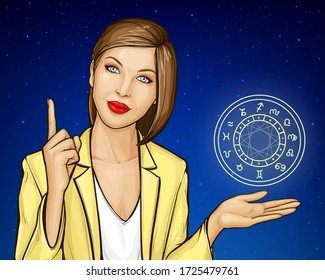 Pop art vector illustration of astrologer offering horoscope, online consultation, prediction of future events. Woman with zodiac circle predicts, gives advice, explains, index finger pointing up.