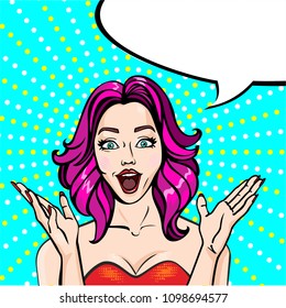 Pop art vector illustration. Beautiful girl emotions, surprise, cloud