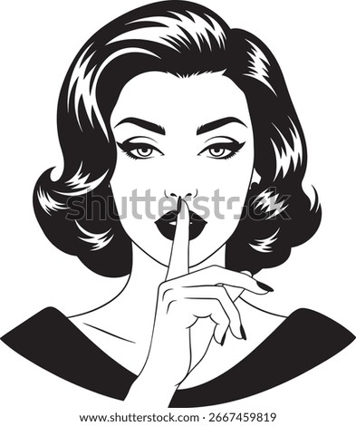 Pop art vector illustration of a beautiful woman with a finger on her lips in a shushing gesture. Black and white retro comic-style portrait of a mysterious girl asking for silence or keeping secret