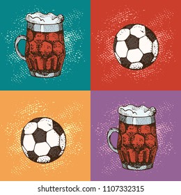 Pop art vector illustration of beer glass mug and soccer ball. Cartoon style background. Graphic texture for football pub. For web, poster, invitation to beer party or watching a sports match