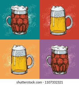 Pop art vector illustration of beer glass mug. Cartoon style background. For restaurant of craft beer, pub, bar, oktoberfest