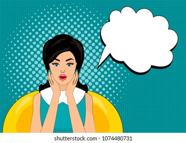 Pop art vector illustration, bright colours, pin up style, surprised woman.