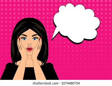 Pop art vector illustration, bright colours, pin up style, surprised woman.