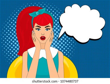 Pop art vector illustration, bright colours, pin up style, surprised woman.
