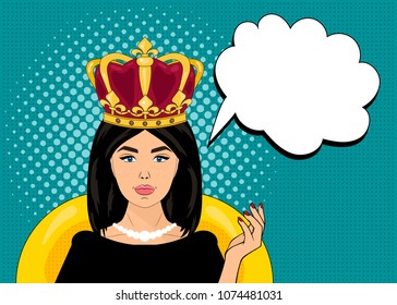Pop art vector illustration, bright colours, pin up style, woman with a crown on her head. 