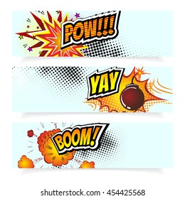 Pop Art Vector Illustration. Comic Book Design Elements. Explosion Bomb and Sound Effects on Halftone Background. Banner template Collection