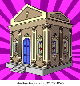 pop art vector illustration. Crypt, cemetery church building