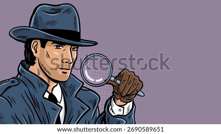 Pop art vector illustration of a detective man in a hat and trench coat holding a magnifying glass. Vintage investigator character in hand drawn comic style with halftone background. Mystery banner