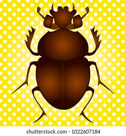 Pop art vector illustration. Egyptian Scarab beetle. Brown color on vintage background