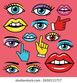 Pop Art Vector Illustration of Eyes, Lips, and Pointing Hands: Bold Retro Comic Style, Vibrant Colors, Iconic 80s Aesthetic, Playful Cartoon Fashion Elements