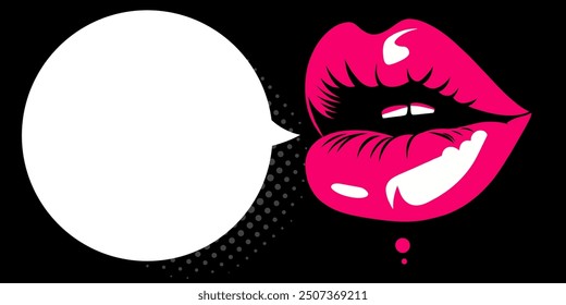 Ilustración vectorial de arte Pop con labios rosados con burbuja de discurso sobre fondo negro. Ideal para su uso en carteles, anuncios, redes sociales y diseños modernos inspirados en la cultura pop.