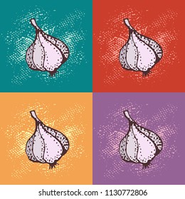 Pop art vector illustration of garlic. Food cartoon background. For identify the restaurant, packaging, menu design, fabric texture.