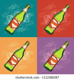 Pop art vector illustration of green beer bottles. Cartoon style background. For restaurant of craft beer, pub, bar, oktoberfest