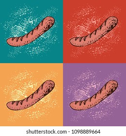 Pop art vector illustration of  Grilled sausage. Fast food cartoon background. For identify the restaurant, packaging, menu design, fabric texture.
