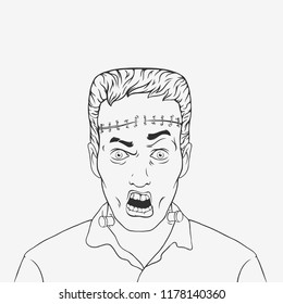 Pop Art Vector Illustration for Halloween. Zombie monster Frankenstein with rotten teeth. A man in a shirt with a scar on his forehead and metal armature in his neck. Coloring Book Page.