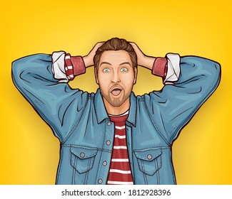 Ilustración portadora de arte pop de hombre hipster con expresión facial sorprendida wow. Un tipo barbudo desconcertado y confuso con la chaqueta de un denim sosteniendo la cabeza en las manos. Cliente masculino impactado de la oferta de descuento de precios