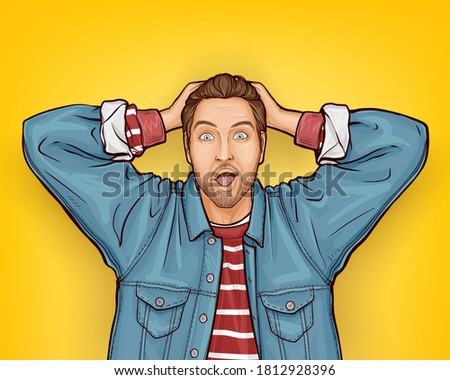 Pop art vector illustration of hipster man with wow surprised face expression. Baffled and confused bearded guy in the denim jacket holding head in hands. Male customer shocked of price discount offer