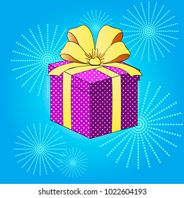 Pop art vector illustration. Imitation of comics. Gift box with ribbons