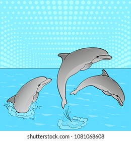 Pop Art. Vector illustration of imitation retro comic style. Rest on the sea, three dolphins play in the water.