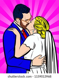 Pop Art vector Illustration of just married couple embrace, wedding pair hugging, Bride and Groom, Romantic Married Couple, holding hands, beautiful couple, They Hug each other, wedding, kissing