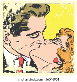 Pop art vector illustration of a kissing couple with Ben-Day dots