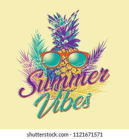 Pop art Vector illustration of pineapple wearing glasses, vintage retro with distressed look, print design template with text Summer Vibes