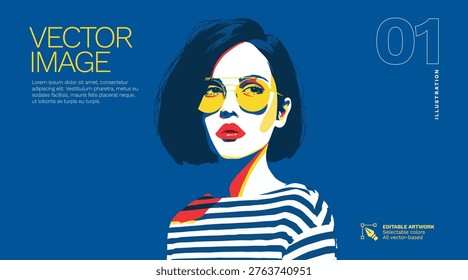 Pop art vector illustration portrait of a stylish young woman with short hair and yellow aviator sunglasses wearing a navy striped shirt on a blue background.