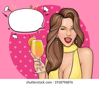 Pop art vector illustration of sexy girl in dress with open mouth holding a cocktail in her hand. Young woman with brown hair winking and smiling on pink background with empty speech bubble.