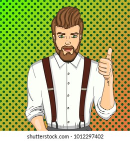 Pop art vector illustration. Stylish man shows class. Advertising of beauty salon, hairdresser, barbershop. Model, guy, beard, haircut, clothes and suspenders
