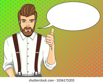 Pop art vector illustration. Stylish man shows class. Advertising of beauty salon, hairdresser, barbershop. Text bubble.