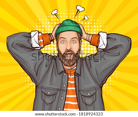 Pop art vector illustration of surprised, shocked or perplexed hipster man holding hands on head, wide opens his mouth, eyes. Amazed guy in jacket on yellow background. Unbelievable big sale concept.