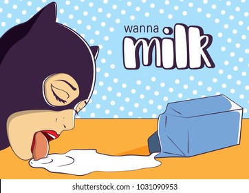 Pop Art Vector Illustration. A Woman In A Cat Mask Licking Spilled Milk