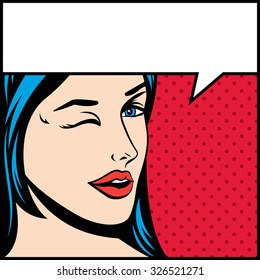 Pop art vector illustration of woman with speech bubble