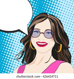 pop art vector illustration of a woman. happy girl with glasses and bubble for text. vector illustration